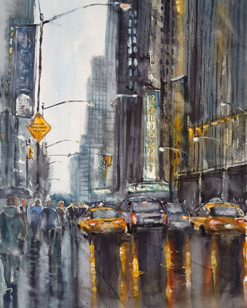 YELLOW CABS, GREY SKY